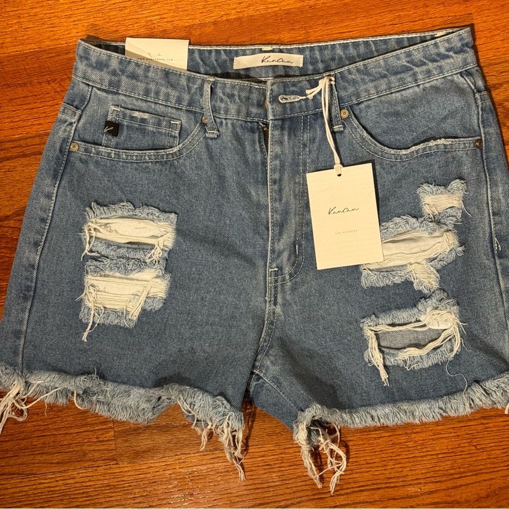 KanCan Blue Distressed Jean Shorts Raw Hem